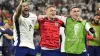 England’s Kyle Walker, Kieran Trippier and Phil Foden celebrate the win after the Euro 2024 semi-final match (Nick Potts/PA)