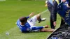 Cardiff’s Ollie Tanner gets his foot trapped under an advertising board during goal celebrations in the 1-1 draw with Swanse