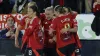 Manchester United’s players celebrate Celin Bizet’s goal at Leicester (Nigel French/PA)