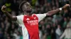 Bukayo Saka celebrates after scoring Arsenal’s fourth goal in Portugal (Armando Franca/AP)