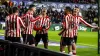 Sunderland’s Jobe Bellingham, centre, celebrates with team-mates after scoring his side’s winner at Swansea (Steven Paston/P