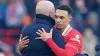 Liverpool’s Trent Alexander-Arnold (right) is embraced by manager Arne Slot (Peter Byrne/PA).