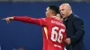 Liverpool’s Trent Alexander-Arnold (left) and manager Arne Slot during the UEFA Champions League group stage match at the RB